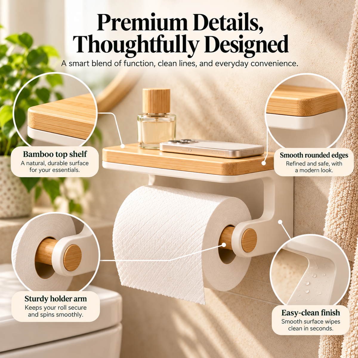 fagfk®Bamboo Toilet Paper Holder with Shelf
